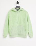 Asos Design Oversized Zip Up Hoodie In Teddy With Nylon Panels In Mint-green