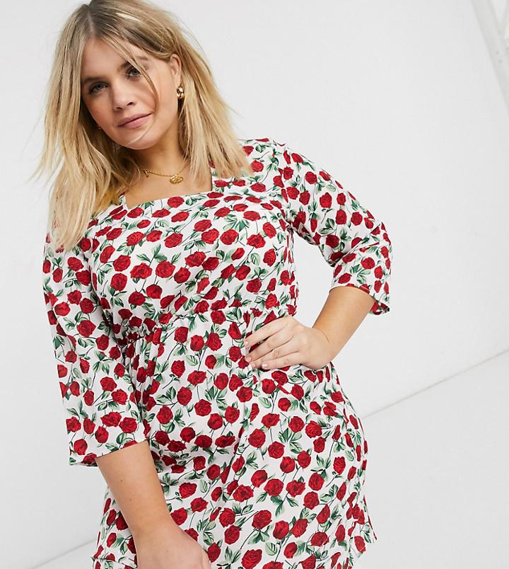 Ax Paris Plus Sqaure Neck Dress In Rose Print-multi