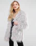 Religion Quartz Coat In Faux Mongolian Fur - Gray