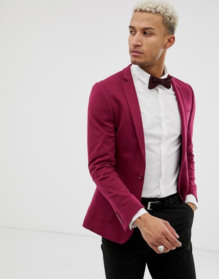 Asos Design Skinny Blazer In Plum Red Jersey - Red