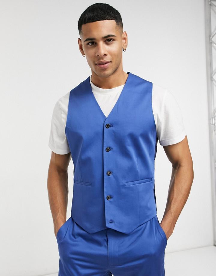 Asos Design Wedding Slim Cotton Suit Vest In Navy-grey