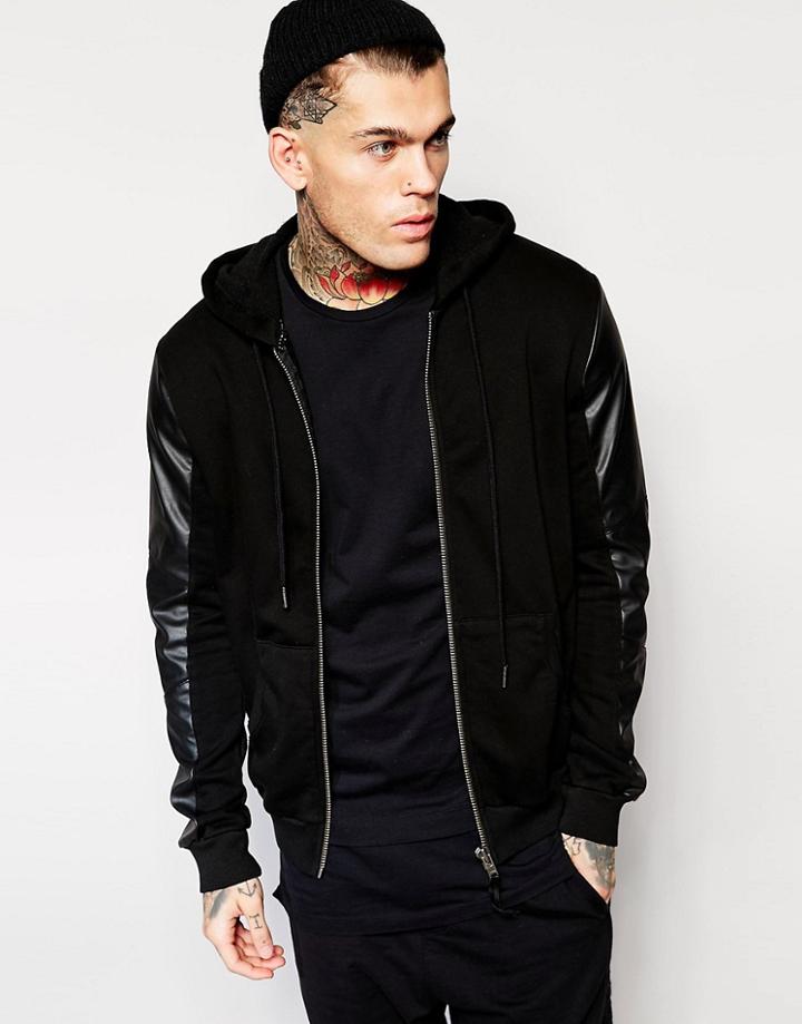 Religion Hoodie With Faux Leather Sleeves - Black