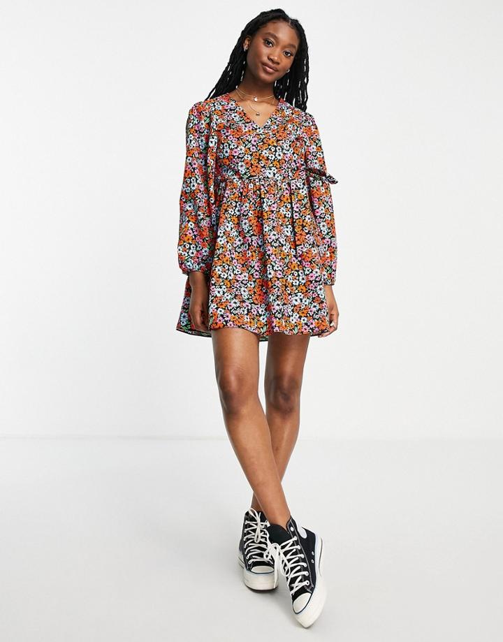 Miss Selfridge Poplin Wrap Smock Dress In Bright Cluster Floral-multi