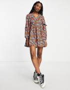Miss Selfridge Poplin Wrap Smock Dress In Bright Cluster Floral-multi