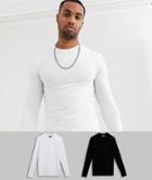 Asos Design Tall 2 Pack Muscle Fit Long Sleeve T-shirt With Crew Neck Save