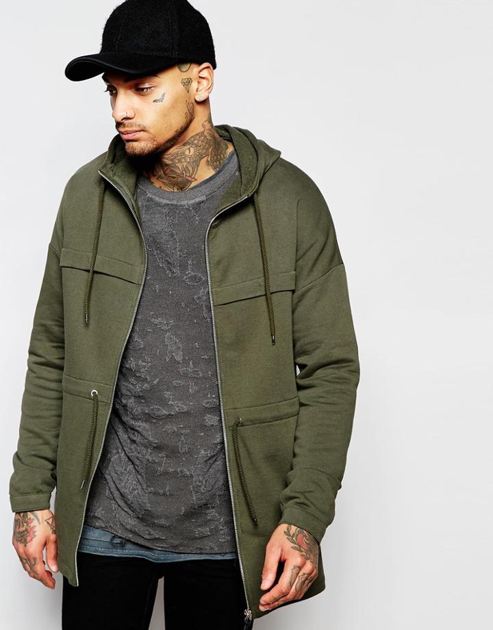 Asos Super Longline Oversized Jersey Parka Jacket With Zip Funnel - Green