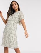 Vila Tea Dress With Puff Sleeves In Cream Floral-multi