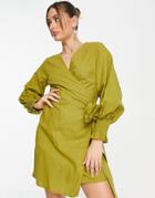 Never Fully Dressed Balloon Sleeve Shirt Mini Dress In Olive Green