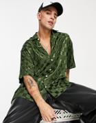 Asos Design Boxy Revere Satin Shirt With Jacquard Checkerboard Print-green