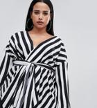 Prettylittlething Plus Bold Stripe Tie Waist Blouse In Mono Stripe - Black