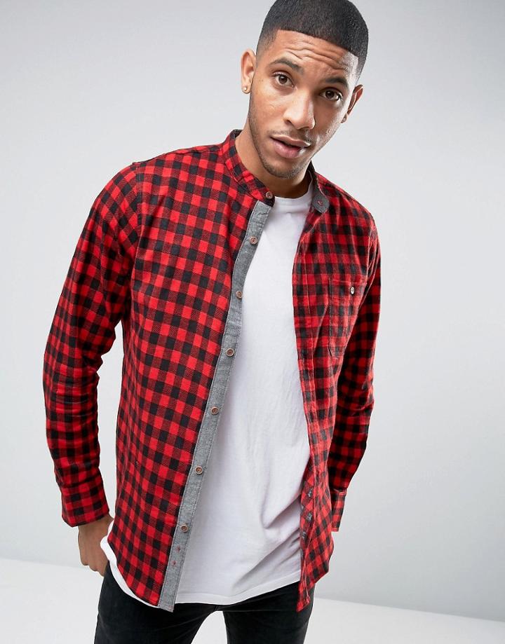 Brave Soul Grandad Check Flannel Shirt - Red
