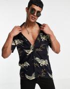 French Connection Swan Print Shirt With Revere Collar In Navy-blues