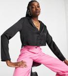Reclaimed Vintage Inspired Cropped Satin Revere Shirt Set In Black-white