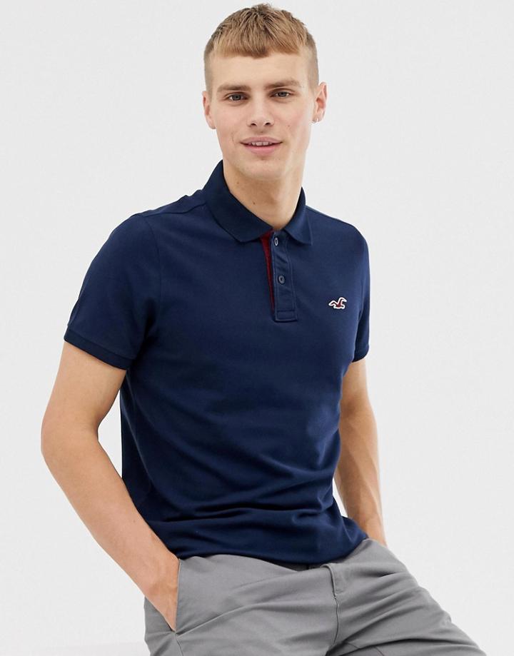 Hollister Icon Logo Modern Collar Pique Polo Slim Muscle Fit In Navy - Navy