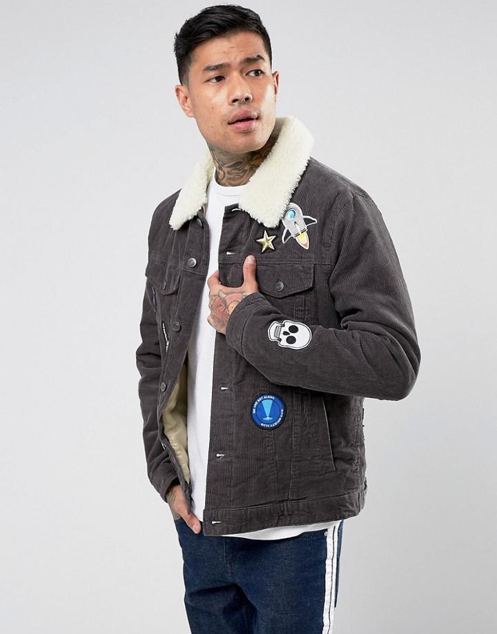 Asos Cord Western With Badges And Fleece Collar In Gray Wash - Gray