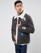 Asos Cord Western With Badges And Fleece Collar In Gray Wash - Gray