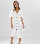 Asos Design Petite Slinky Rib Button Through Midi Dress With Puff Sleeve-white