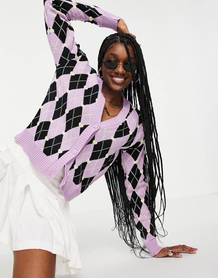 Vintage Supply Cropped Cardigan In Purple Argyle
