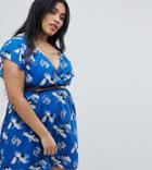 Yumi Plus Wrap Front Dress With Belt In Heron Print - Blue
