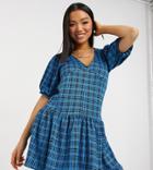 Asos Design Petite V Neck Mini Smock With Short Sleeve And Peplum Hem In Blue Plaid-blues