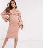 Asos Design Maternity Fallen Shoulder Pleated Puff Sleeve Pencil Midi Dress In Rose-pink