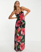 Asos Design Mesh Strappy Maxi Dress With Buttons In Blurred Pink And Black Floral Print-multi