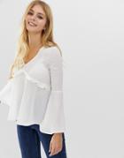 Brave Soul Bell Sleeve Blouse With Ruffle Detail In Off White - White