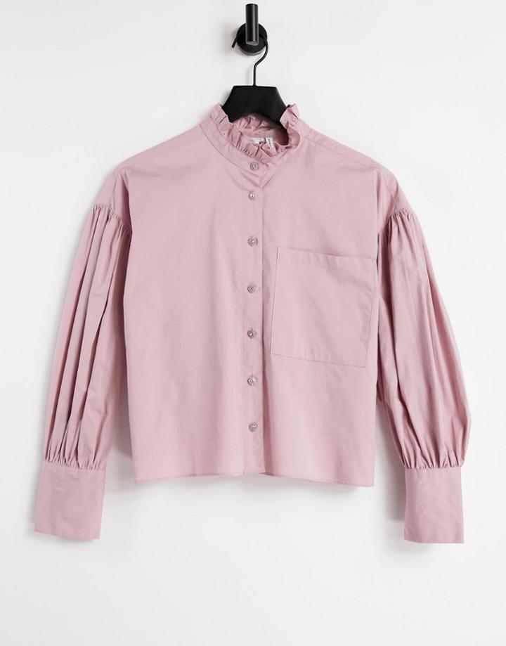 Asos Design Cotton Shirt With Ruffle Placket And Diamante Buttons In Pink