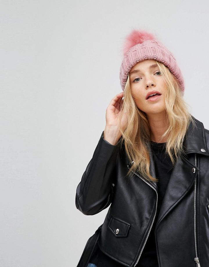 New Look Cable Knit Pom Bobble Hat - Pink