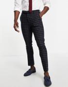 Asos Design Wedding Super Skinny Wool Mix Suit Pants With Grid Window Check In Navy