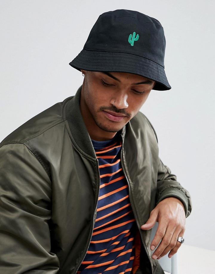 Asos Bucket Hat In Black With Cactus Embroidery - Black