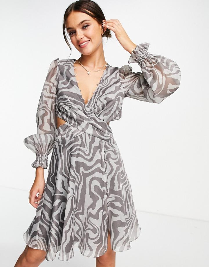 Asos Design Open Back Mini Dress With Button Detail In Zebra Print-multi