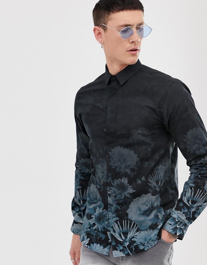 Twisted Tailor Super Skinny Fit Shirt Floral Fade Print In Navy