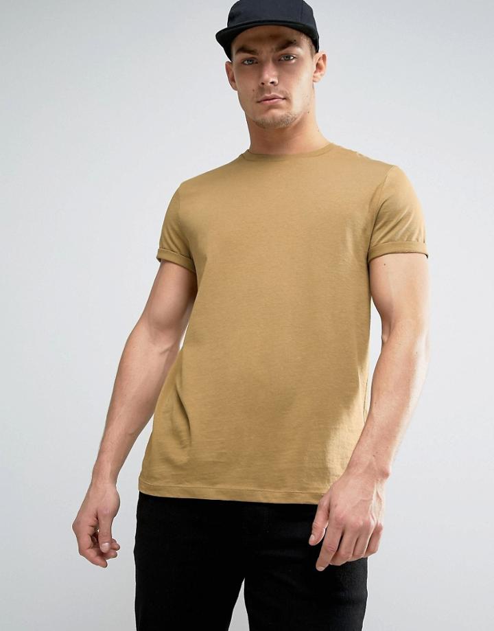 Asos T-shirt With Roll Sleeve In Beige - Beige