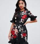 Asos Design Petite Embroidered Tshirt Mini Dress With Frill Hem And Sleeves - Black