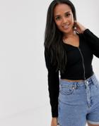 Asos Design Top In Rib With Full Length Zip With Long Sleeve - Black