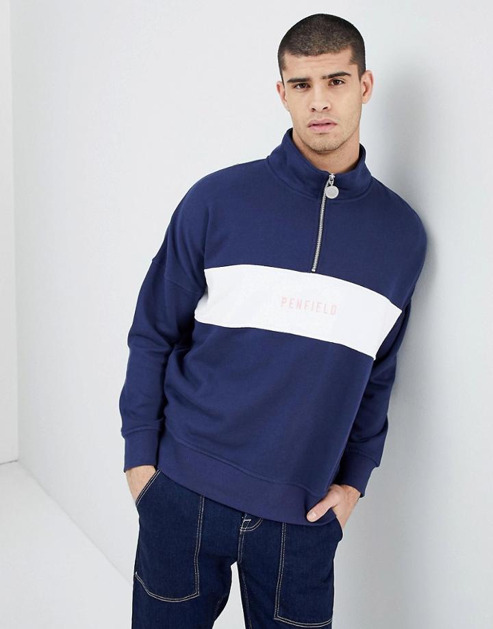 Penfield Hosmer Half Zip Funnel Neck Sweatshirt Cut & Sew Chest Logo In Navy - Navy