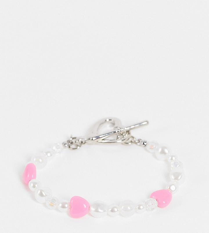 Asos Design Curve Bracelet With Iridescent Beads And Heart T-bar-multi