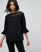 B.young Lace Insert Blouse With Ruffle Sleeve - Black