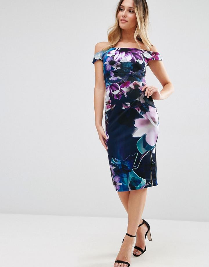 Jessica Wright Bardot Pencil Midi Dress In Floral Print - Navy