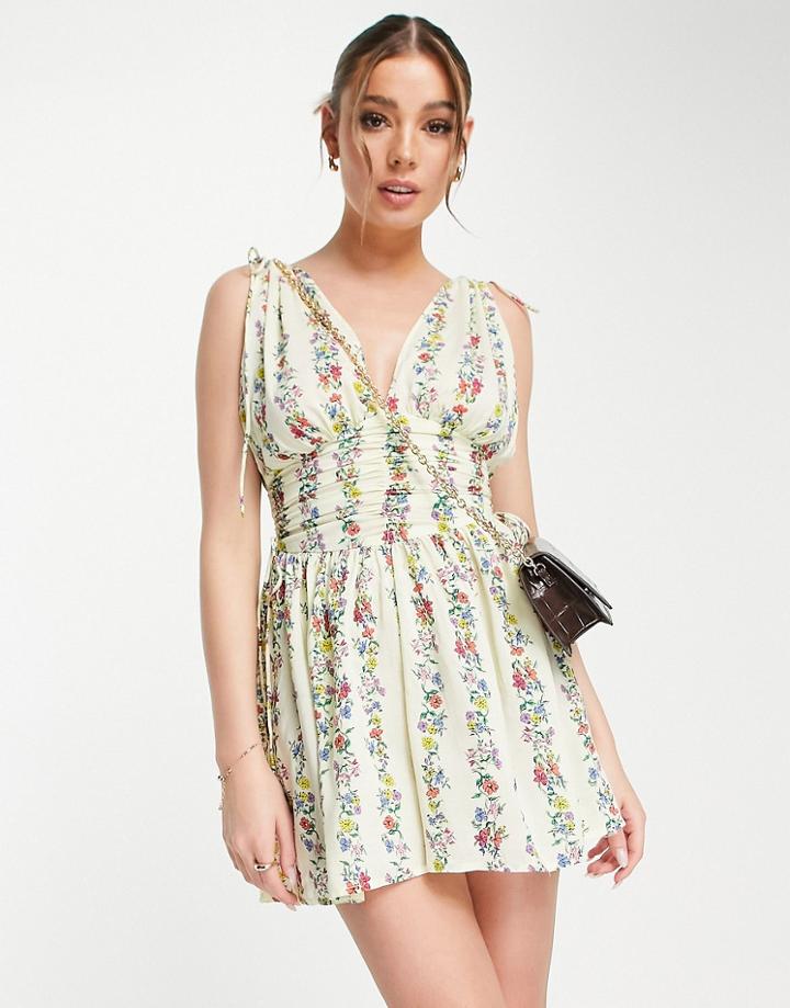 Asos Design Ruched Flippy Romper In Linear Floral-multi