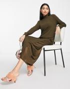 Asos Design Long Sleeve Ribbed Midi Dress With Satin Insert In Khaki-green