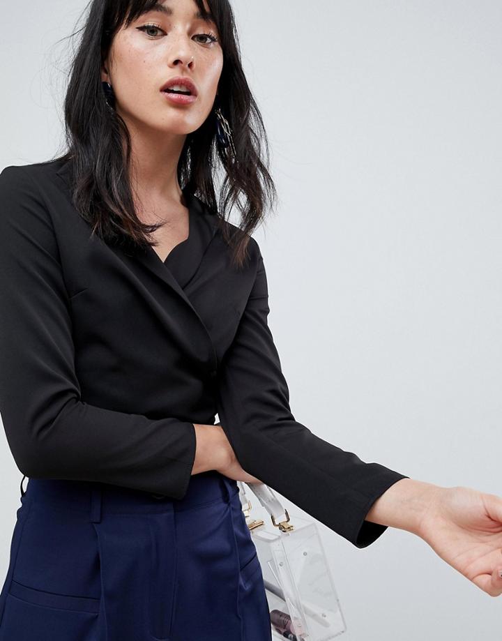 Unique 21 Tie Front Long Sleeve Crop Top - Black