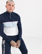 Asos Design Organic Long Sleeve T-shirt With Turtle Zip Neck And Color Block In Navy - Navy