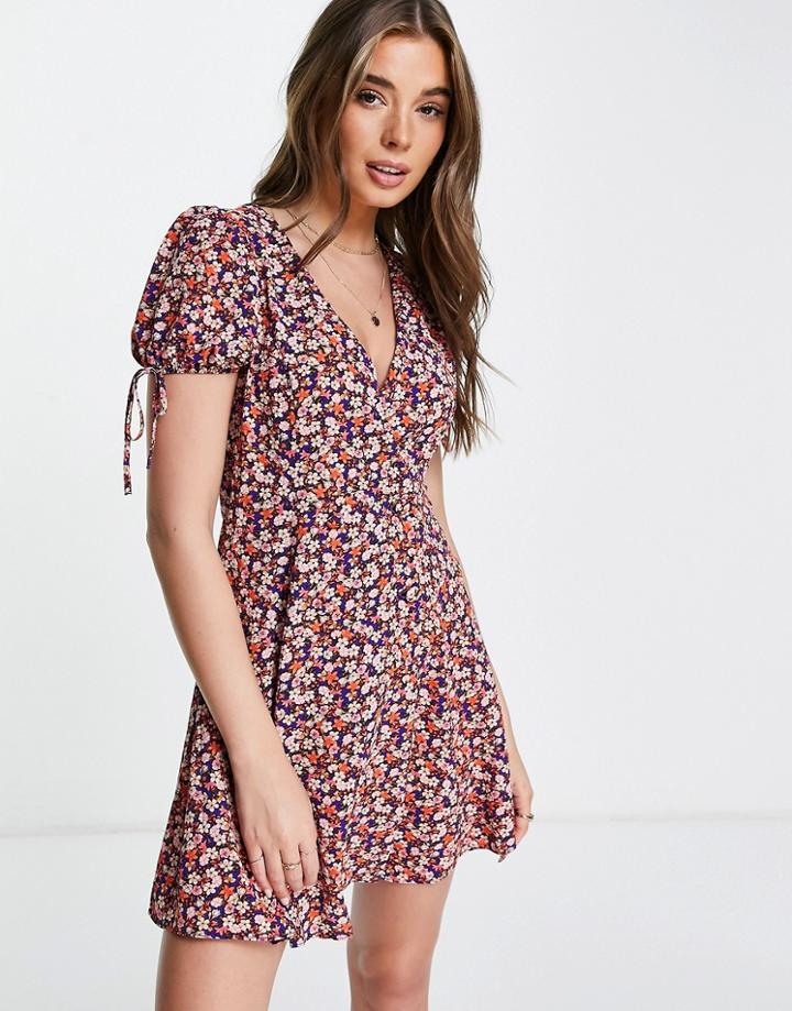 Asos Design Double Breasted Mini Tea Dress In Ditsy Floral-multi