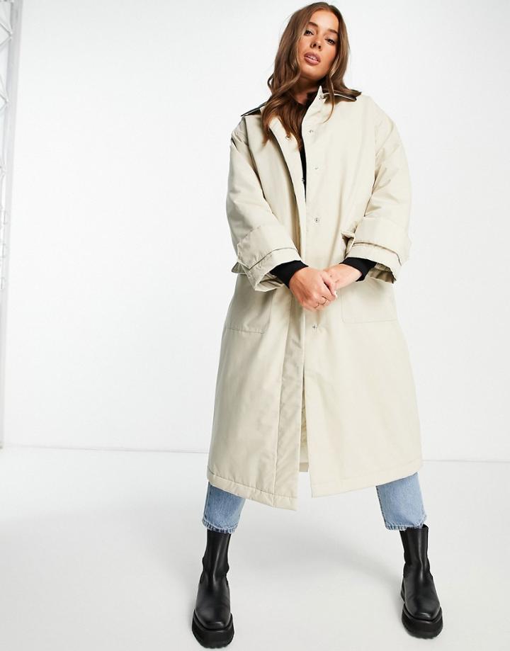 Asos Design Faux Leather Collared Boyfriend Trench Coat In Stone-multi