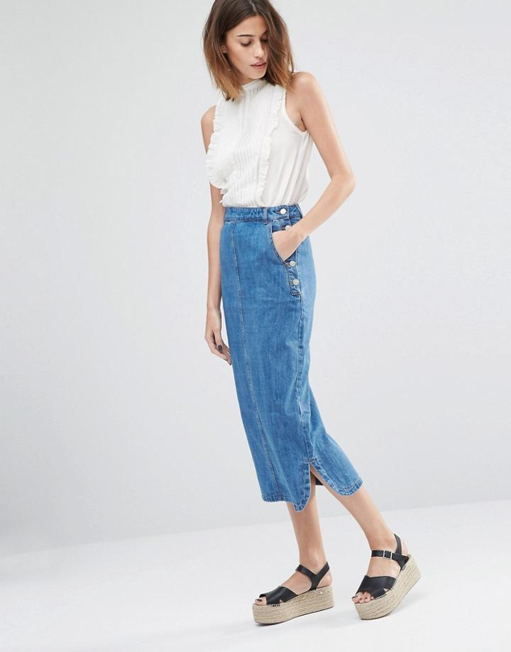 Warehouse Denim Midi Skirt - Light Wash