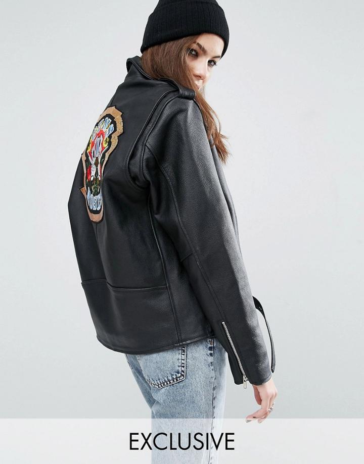 Reclaimed Vintage Revived Leather Biker Jacket With Guns N' Roses Band Sequin Patch - Black