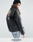 Reclaimed Vintage Revived Leather Biker Jacket With Guns N' Roses Band Sequin Patch - Black
