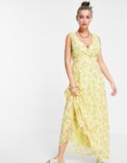 Vila Maxi Dress With Wrap Front Detail In Yellow Floral-multi